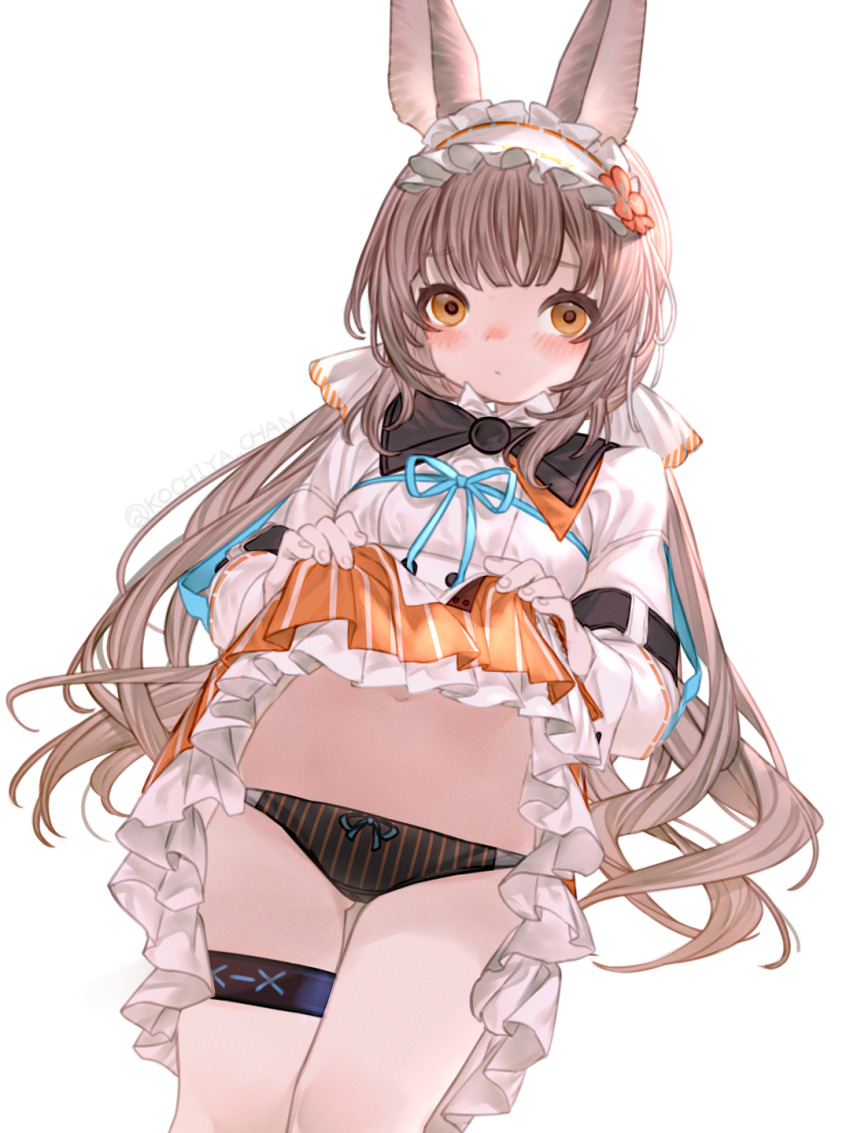 1girl, animal_ears, arknights, blush, brown_hair, clothes_lift, highres, kochiya_(gothope), lifting_own_clothes, long_hair, long_sleeves, looking_at_viewer, orange_eyes, panties, rabbit_ears, rabbit_girl, skirt, skirt_lift, solo, striped_clothes, striped_panties, striped_skirt, thigh_strap, underwear, vertical-striped_clothes, vertical-striped_panties, vertical-striped_skirt, very_long_hair, warmy_(arknights)