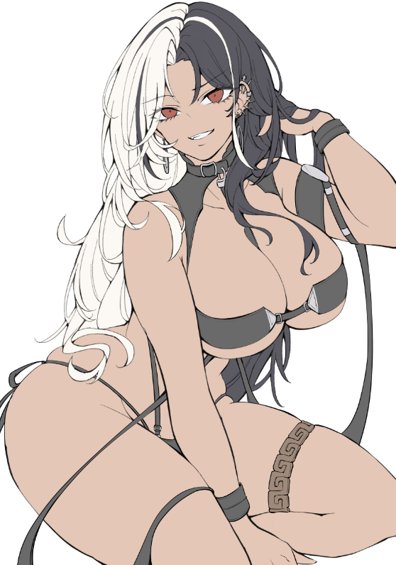 1girl, bikini, black_bikini, black_hair, breasts, cleavage, ear_piercing, goddess_of_victory:_nikke