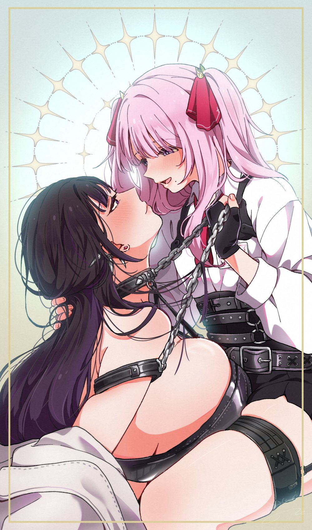 2girls, bare_shoulders, belt, black_gloves, black_hair, black_shorts, blush, breasts, chain, chain_leash, chest_harness, cleavage, coat, collar, collarbone, collared_shirt, colored_inner_hair, fingerless_gloves, flat_chest, gloves, goddess_of_victory:_nikke, hair_ribbon, harness, highres, holding, holding_chain, huge_breasts, id_card, leash, leather_bikini, long_hair, mihara_(nikke), mole, mole_under_mouth, multicolored_hair, multiple_girls, necktie, niki_(nikism1987), off-shoulder_coat, off_shoulder, open_mouth, pink_hair, pink_ribbon, purple_eyes, purple_hair, red_necktie, ribbon, shirt, shirt_tucked_in, shorts, single_glove, spiked_collar, spikes, thighs, twintails, white_coat, white_shirt, yuni_(nikke)