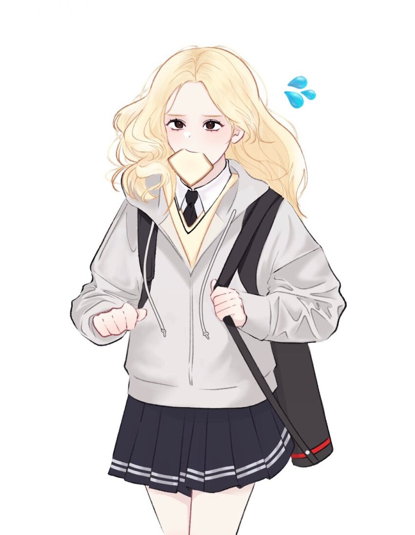 1girl, bag, blonde_hair, bread, bread_slice, brown_eyes, cardigan, commentary