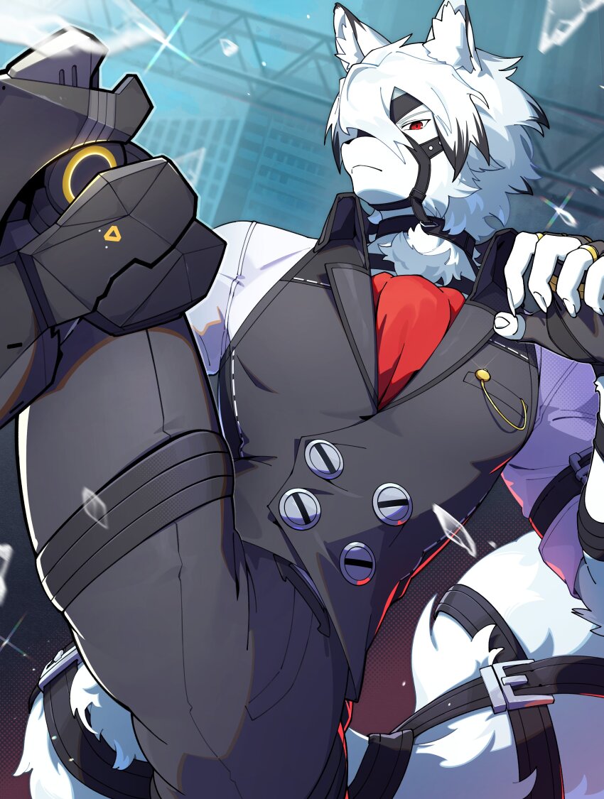 1boy, absurdres, animal_ear_fluff, animal_ears, black_gloves, black_pants, black_vest, blue_background