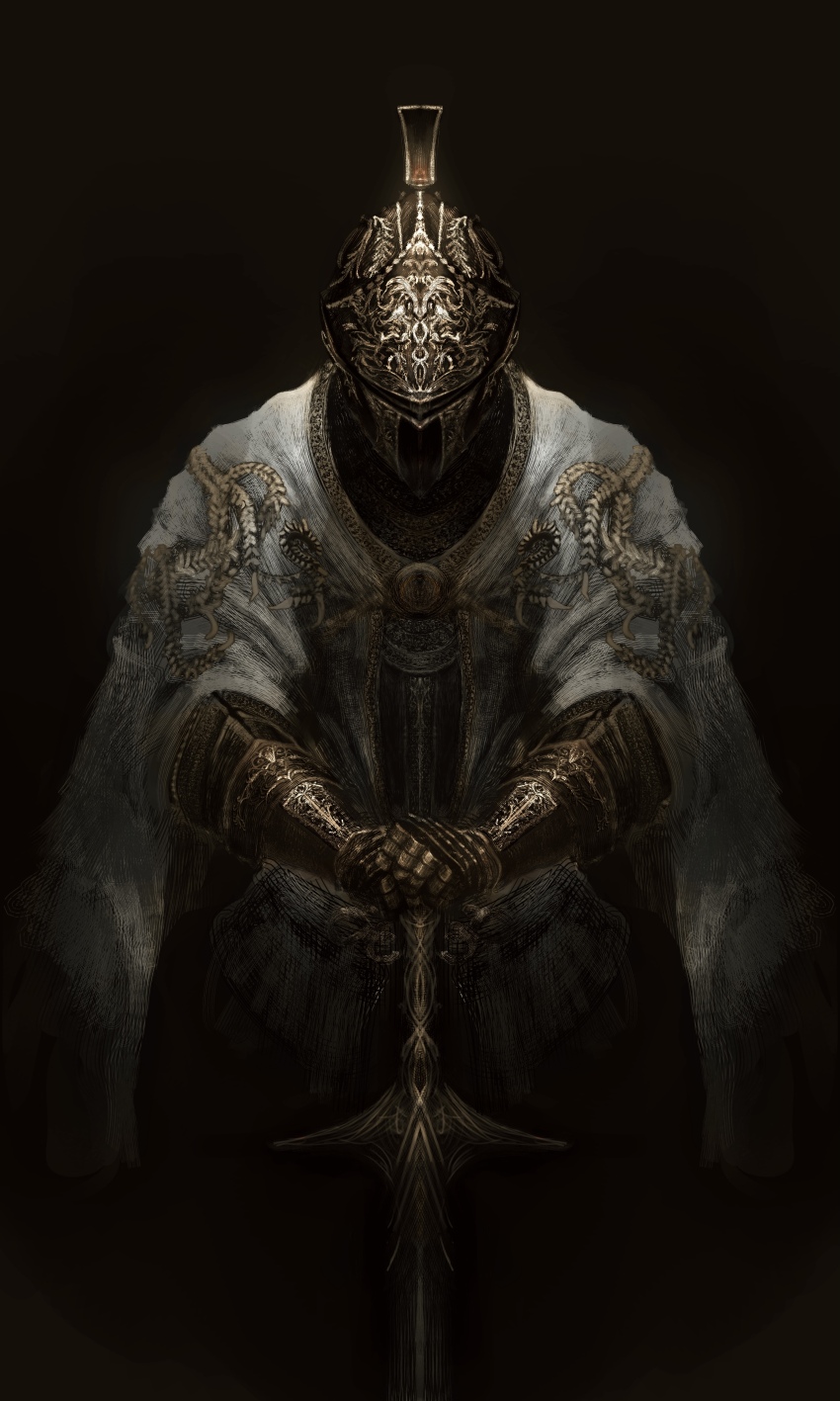 1girl, absurdres, armor, black_background, breastplate, cloak, commentary, dark_background, elden_ring, elden_ring:_shadow_of_the_erdtree, english_commentary, facing_viewer, full_armor, gauntlets, gold_trim, graffitigw, helm, helmet, highres, needle_knight_leda, ornate_armor, planted, planted_sword, planted_weapon, simple_background, solo, sword, weapon, white_cloak