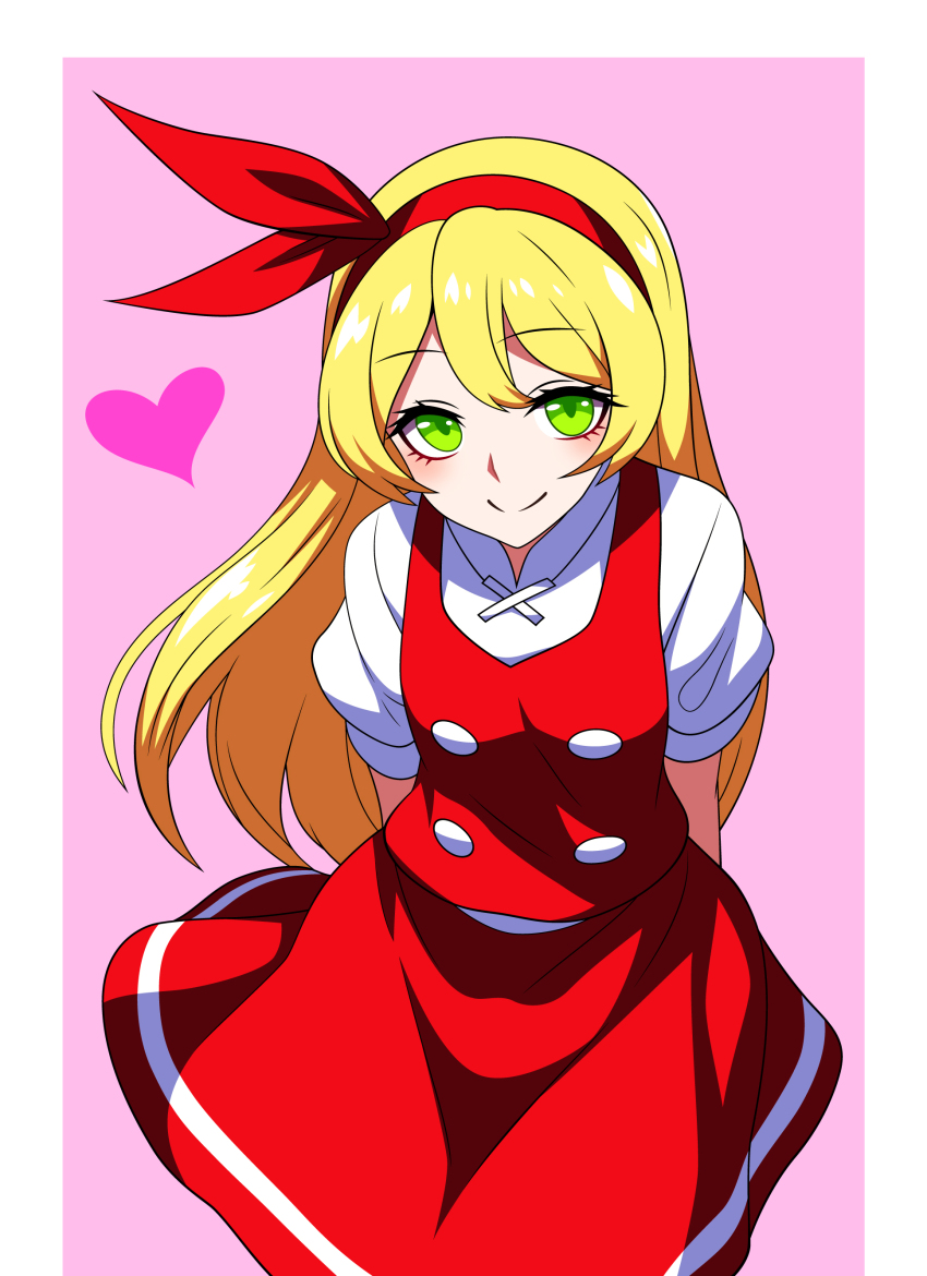 1girl, absurdres, arms_behind_back, blonde_hair, border, breasts, buttons, closed_mouth, cowboy_shot, ellen_(touhou), green_eyes, hair_ribbon, hairband, happy, heart, highres, leaning_forward, long_hair, looking_at_viewer, pink_background, puffy_short_sleeves, puffy_sleeves, red_hairband, red_ribbon, red_skirt, red_vest, ribbon, shirt, short_sleeves, simple_background, skirt, skirt_set, small_breasts, smile, solo, ssaf_seibeupail, touhou, touhou_(pc-98), very_long_hair, vest, white_border, white_shirt