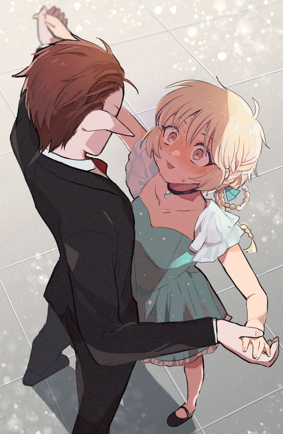 1boy, 1girl, ahoge, alternate_costume, alternate_hairstyle, blonde_hair, blush, brown_eyes, brown_hair, choker, dancing, dress, eyelashes, floor, fong_pudding, formal_clothes, highres, holding_hands, nuka_(nukamochi), pointy_ears, shoes, suit, tart_(tokyo_mew_mew), tokyo_mew_mew