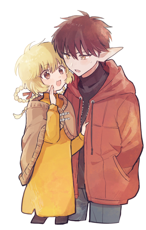 1boy, 1girl, alternate_hairstyle, blonde_hair, brown_eyes, couple, dress, fong_pudding