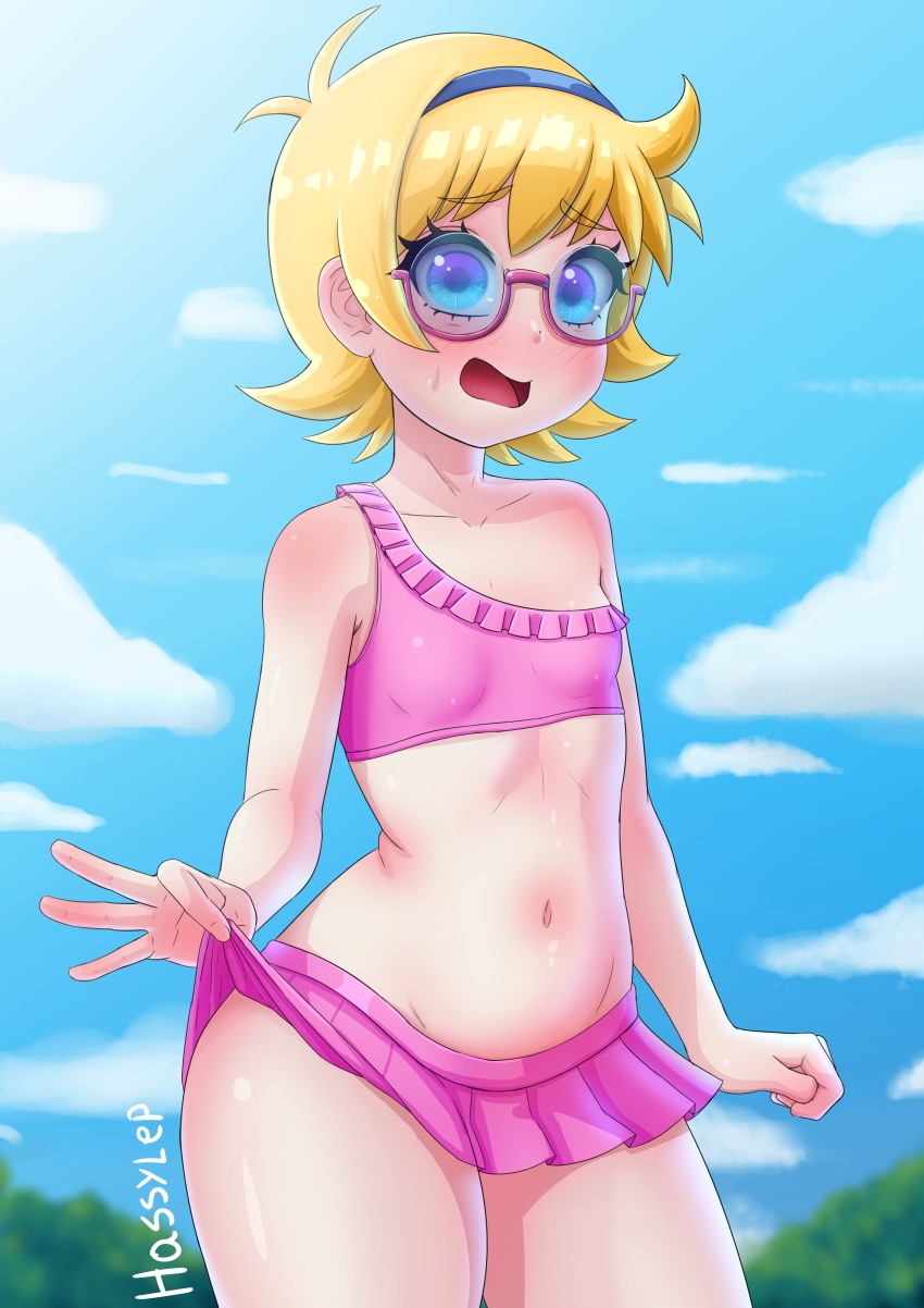 1girl, absurdres, arms_at_sides, artist_name, bikini, bikini_skirt, blonde_hair, blue_eyes, blue_hairband, blue_sky, blurry, blurry_background, blush, breasts, clothes_lift, collarbone, cowboy_shot, day, embarrassed, eyebrows, eyelashes, female_focus, glasses, hairband, hassylep, highres, lifting_own_clothes, little_witch_academia, loli, looking_at_viewer, lotte_jansson, navel, open_mouth, pink-framed_eyewear, pink_bikini, short_hair, single-shoulder_bikini, skirt, skirt_lift, sky, small_breasts, solo, standing, sweat, swimsuit, thick_thighs, thighs
