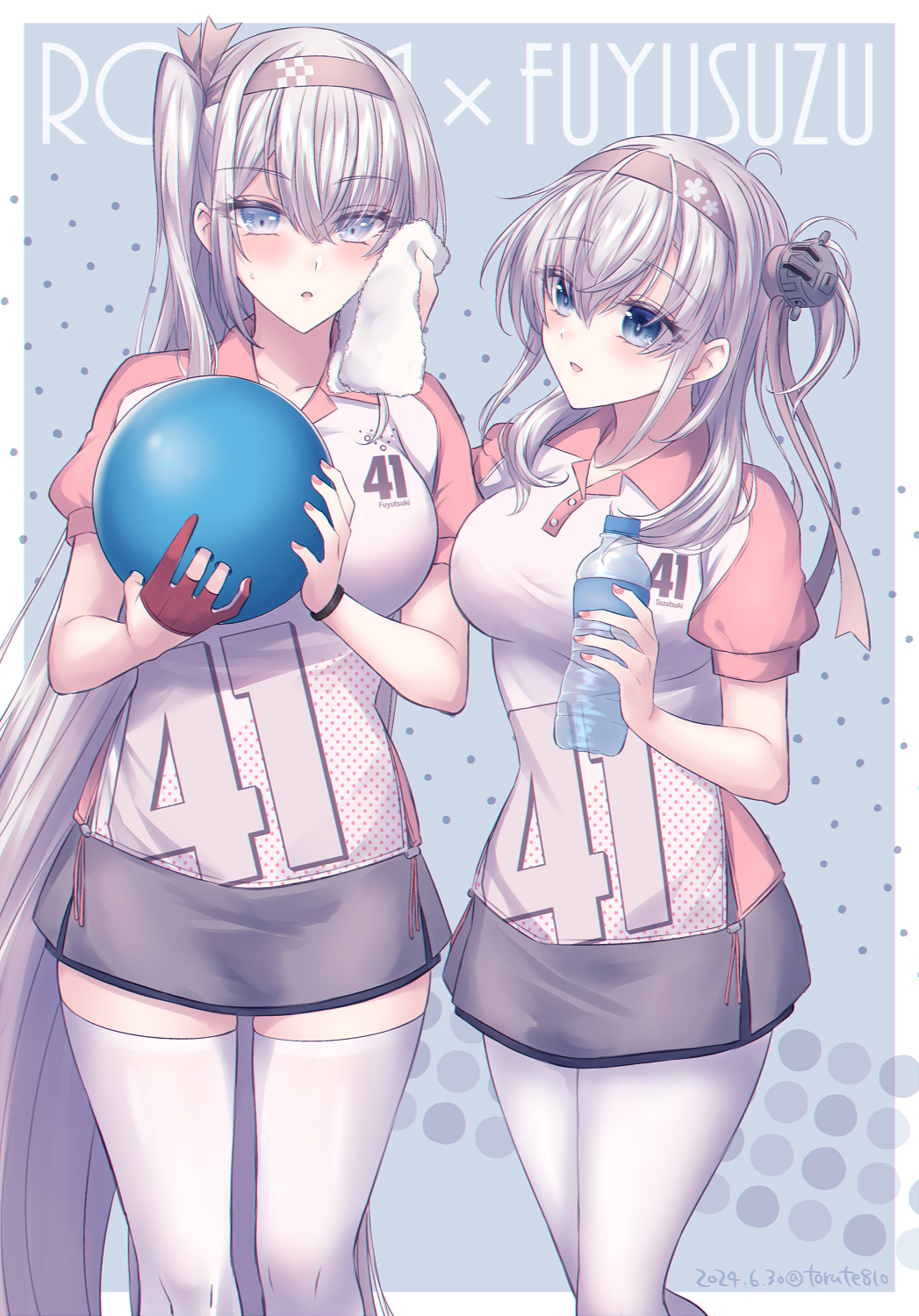 2boys, 2girls, ball, blue_eyes, blush, bottle, bowling_ball, bowling_glove