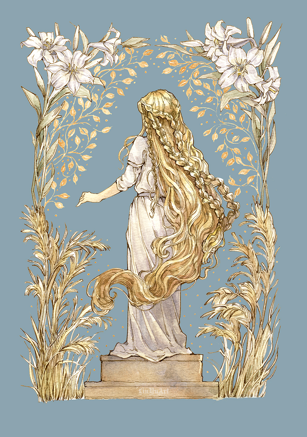 1boy, androgynous, blonde_hair, border, braid, elden_ring, facing_away, flower