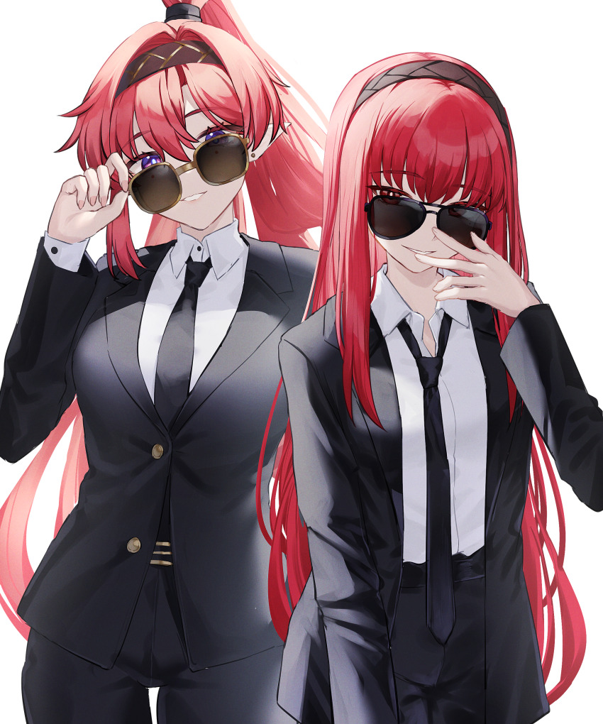 2girls, absurdres, adjusting_eyewear, alternate_costume, black_hairband, black_jacket, black_necktie, black_pants, black_suit, breasts, circle_facial_mark, collared_shirt, commentary, company_connection, cowboy_shot, earrings, facial_mark, formal_clothes, hair_intakes, hairband, hand_on_eyewear, high_ponytail, highres, jacket, jewelry, large_breasts, long_hair, look-alike, looking_at_viewer, looking_over_eyewear, medium_breasts, multiple_girls, necktie, pants, pointy_ears, ponytail, punishing:_gray_raven, purple_eyes, red_eyes, red_hair, shirt, simple_background, suit, untranslatable_commentary, takamatu_hajime, vera:_rozen_(pgr), vera_(pgr), very_long_hair, white_background, white_shirt, wuthering_waves, yinlin_(wuthering_waves)