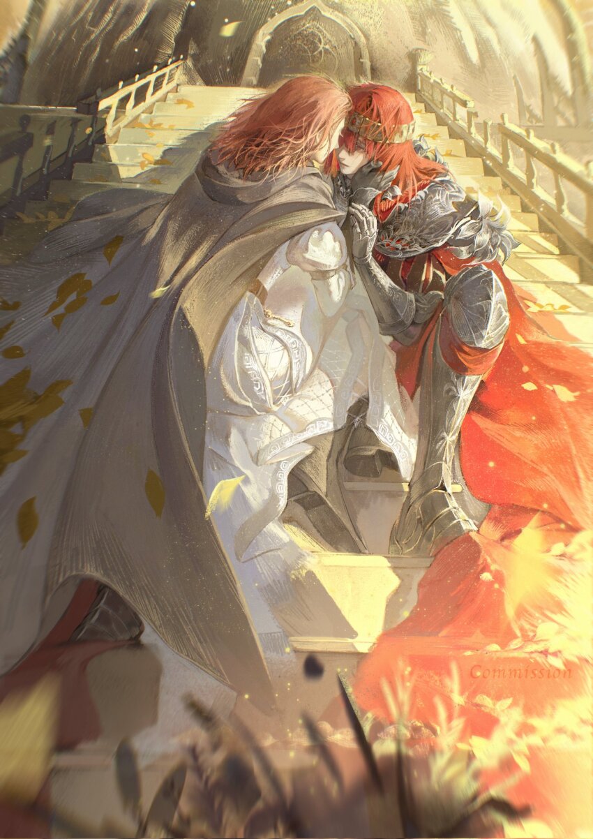 2girls, armor, blurry, blurry_foreground, brown_cloak, cape, cloak, commentary