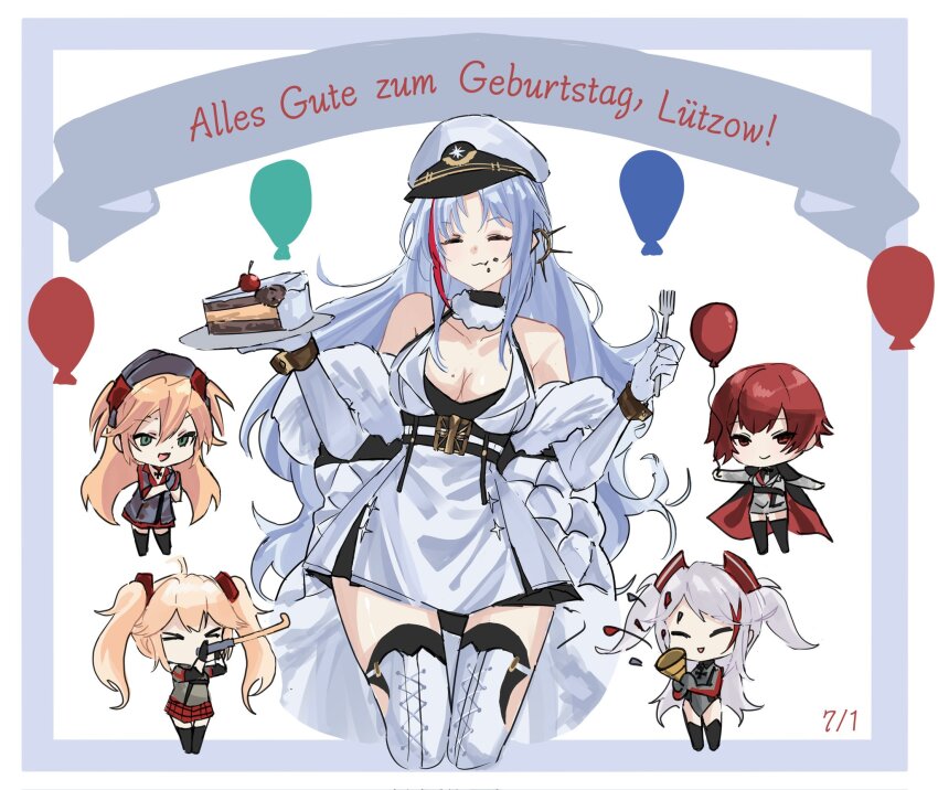 5girls, :3, admiral_hipper_(azur_lane), azur_lane, balloon, birthday_cake, blonde_hair, bluecher_(azur_lane)