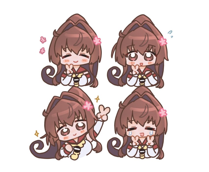 1girl, arm_up, ayuko91, blush, breasts, brown_eyes, brown_hair, chibi