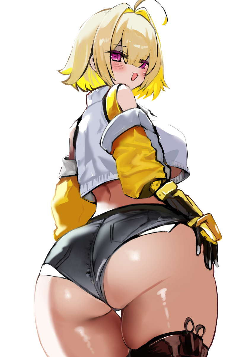1girl, :o, absurdres, ahoge, ass, black_gloves, black_shorts, blonde_hair