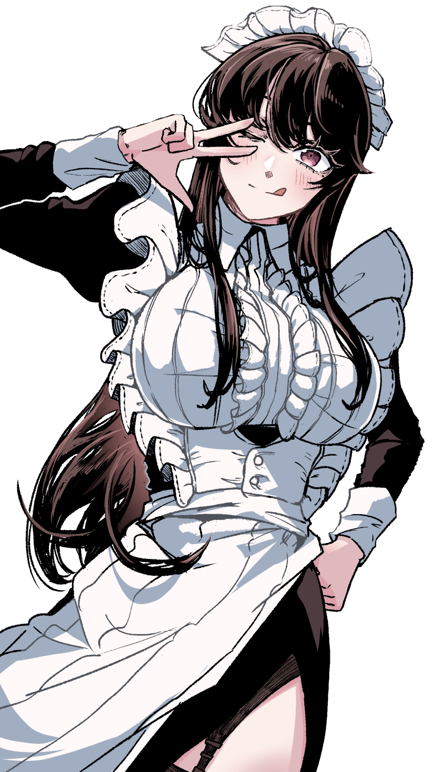 1girl, absurdres, apron, black_dress, breasts, brown_eyes, brown_hair, commentary, dress, frilled_apron, frills, fufu_(fufuichi04), garter_straps, hand_on_own_hip, highres, juliet_sleeves, large_breasts, long_sleeves, looking_at_viewer, maid, maid_apron, maid_headdress, mana_(fufuichi04), one_eye_closed, original, puffy_sleeves, side_slit, simple_background, solo, untranslatable_commentary, tongue, tongue_out, v, white_background