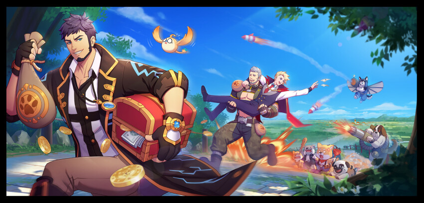 3boys, angry, blonde_hair, blue_eyes, blurry, blurry_background, boots, camouflage