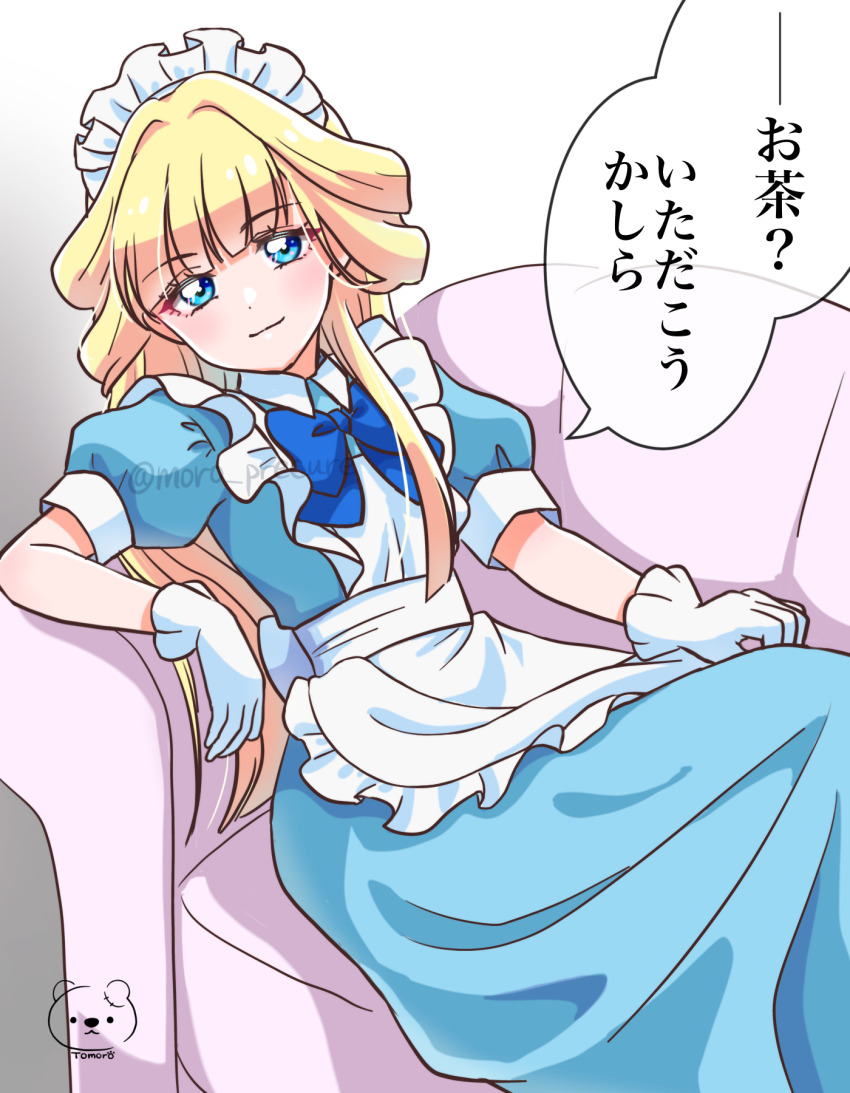 1girl, alternate_costume, apron, blonde_hair, blue_dress, blue_eyes, blush, bow