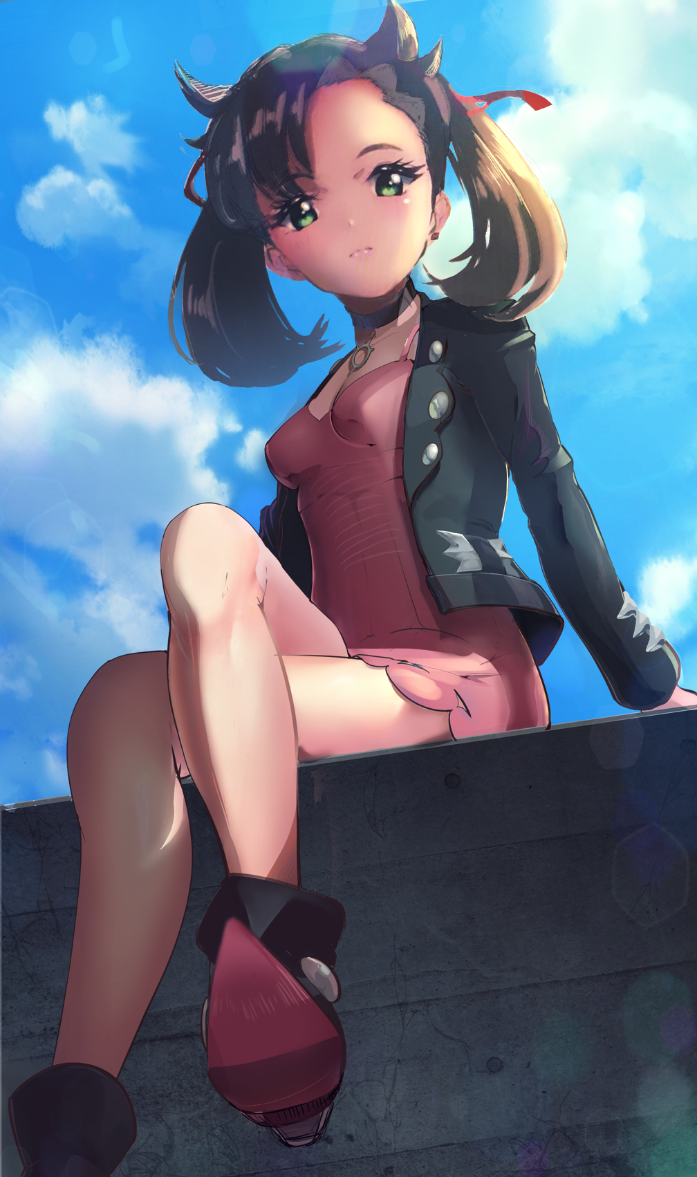 1girl, asymmetrical_bangs, black_choker, black_hair, black_jacket, blue_sky, boots, breasts