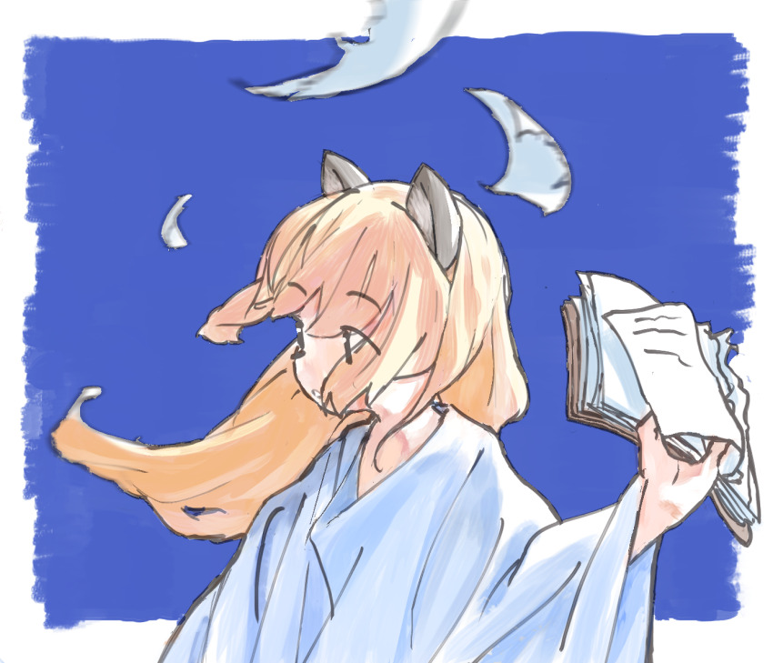 1girl, animal_ears, blonde_hair, blue_background, book, border, flying_paper, hamachi_(galileo0309)
