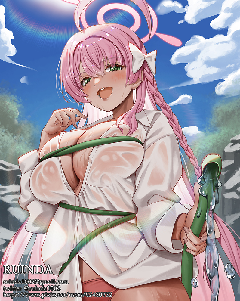 1girl, ahoge, artist_name, bikini, blue_archive, blue_sky, blush, bow