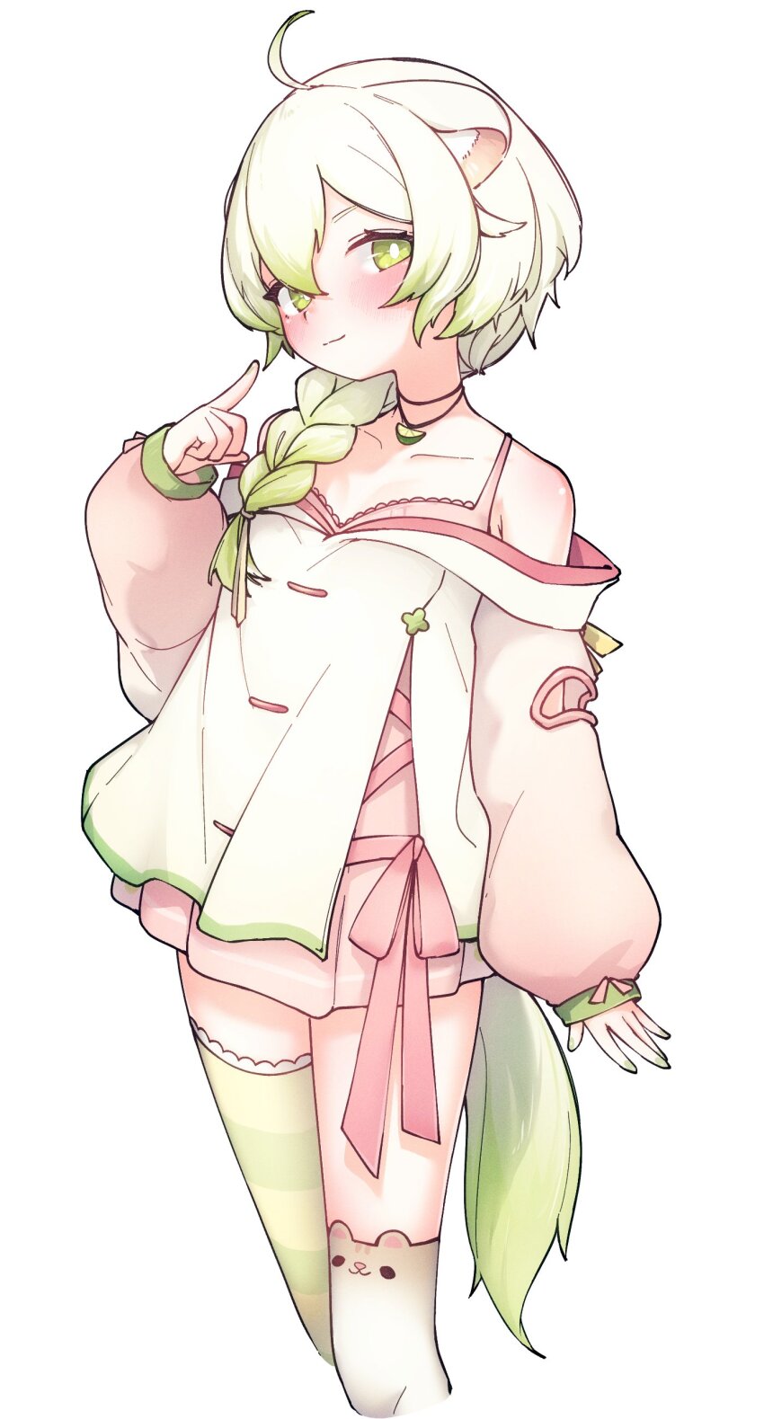 1girl, absurdres, animal_ear_legwear, animal_ears, asymmetrical_legwear, blush, braid, breasts