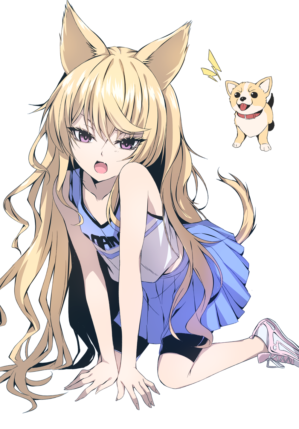 1girl, animal_ears, bike_shorts, black_shorts, blonde_hair, blue_skirt, collarbone, commentary