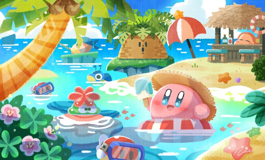 bandana, bandana_waddle_dee, beach, blipper, blue_bandana, blue_sky, blush_stickers, closed_eyes