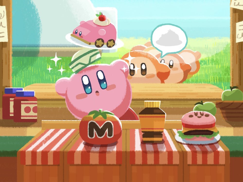 apple, blush_stickers, burger, car-mouth_cake, counter, energy_drink_(kirby), food, fruit, grass, green_apple, kirby, kirby_(series), kirby_and_the_forgotten_land, kirby_burger, maxim_tomato, naco_oekaki, nintendo, no_humans, sparkle, waddle_dee