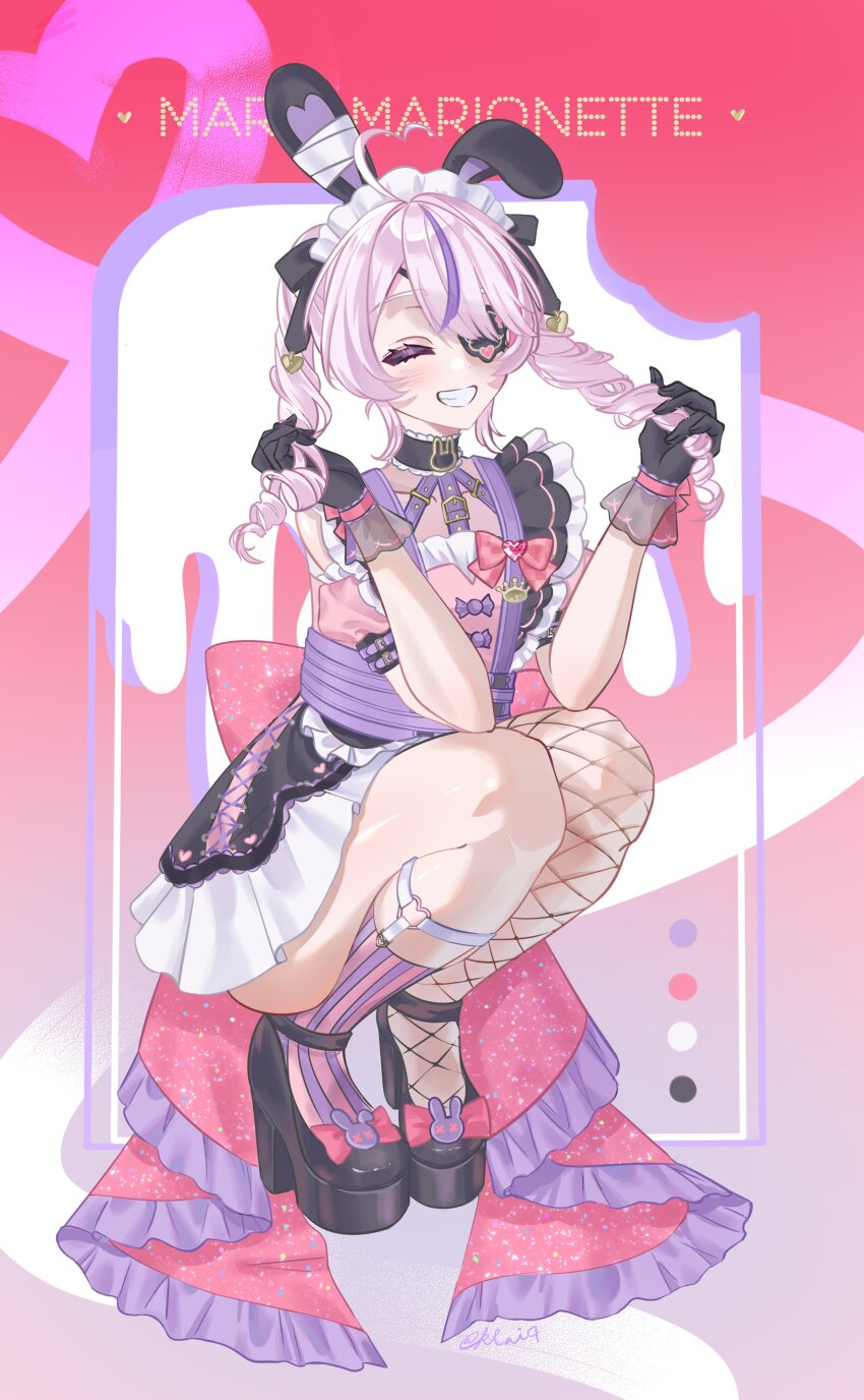 1girl, absurdres, ahoge, animal_ears, asymmetrical_legwear, blush, character_name, closed_eyes