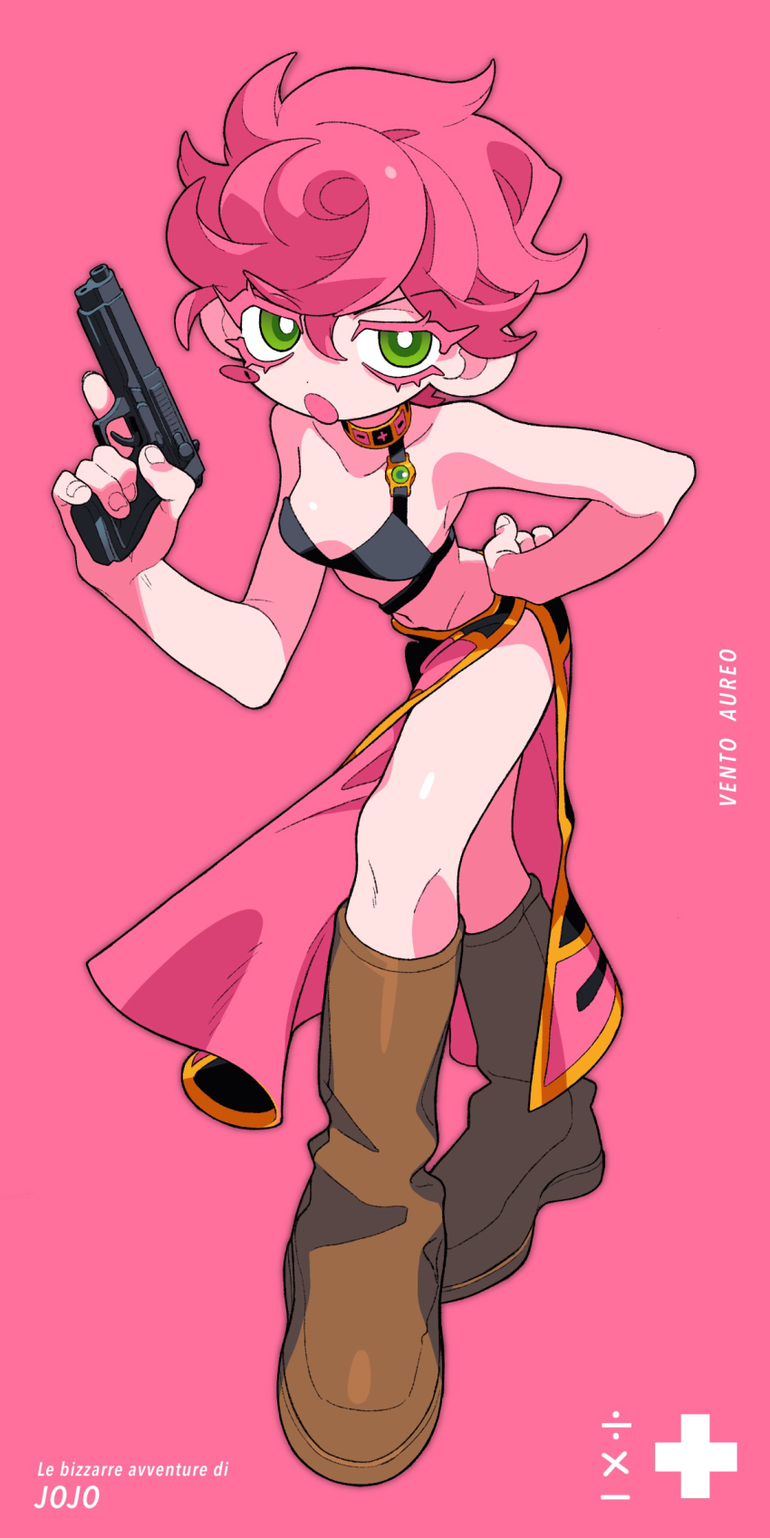 1girl, bikini, bikini_top_only, black_bikini, bright_pupils, brown_footwear, c73an, choker, copyright_name, fingernails, full_body, green_eyes, gun, hair_between_eyes, handgun, highres, holding, holding_gun, holding_weapon, jojo_no_kimyou_na_bouken, looking_at_viewer, navel, open_mouth, pink_background, pink_hair, pink_skirt, side_slit, simple_background, skirt, solo, swimsuit, trish_una, vento_aureo, weapon, white_pupils