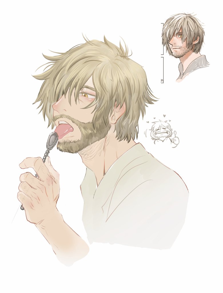 1boy, alternate_facial_hair, alternate_hair_length, alternate_hairstyle, beard, blonde_hair, commentary, cropped_torso
