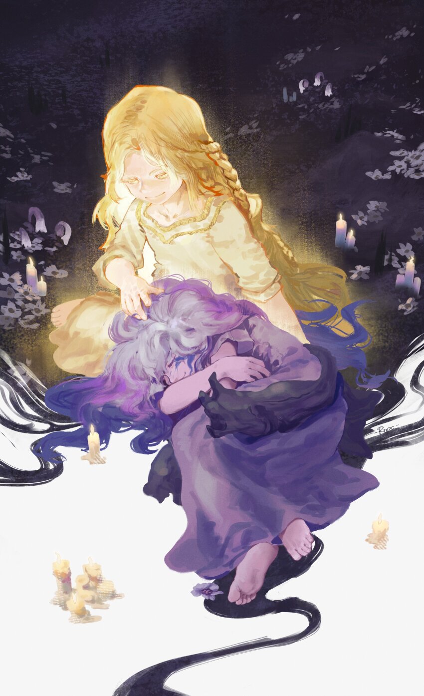 1boy, 1girl, absurdres, barefoot, blonde_hair, braid, candle, closed_eyes, colored_eyelashes, crossed_arms, curled_up, dress, elden_ring, elden_ring:_shadow_of_the_erdtree, field, flower, flower_field, gold_trim, half-sleeves, hand_on_another's_head, highres, light_smile, lily_(flower), lirenans, long_hair, looking_at_another, looking_down, lying, miquella_(elden_ring), multiple_braids, on_ground, purple_dress, purple_flower, purple_hair, robe, sitting, st._trina_(elden_ring), stroking_hair, very_long_hair, wavy_hair, white_flower, white_robe, yellow_eyes