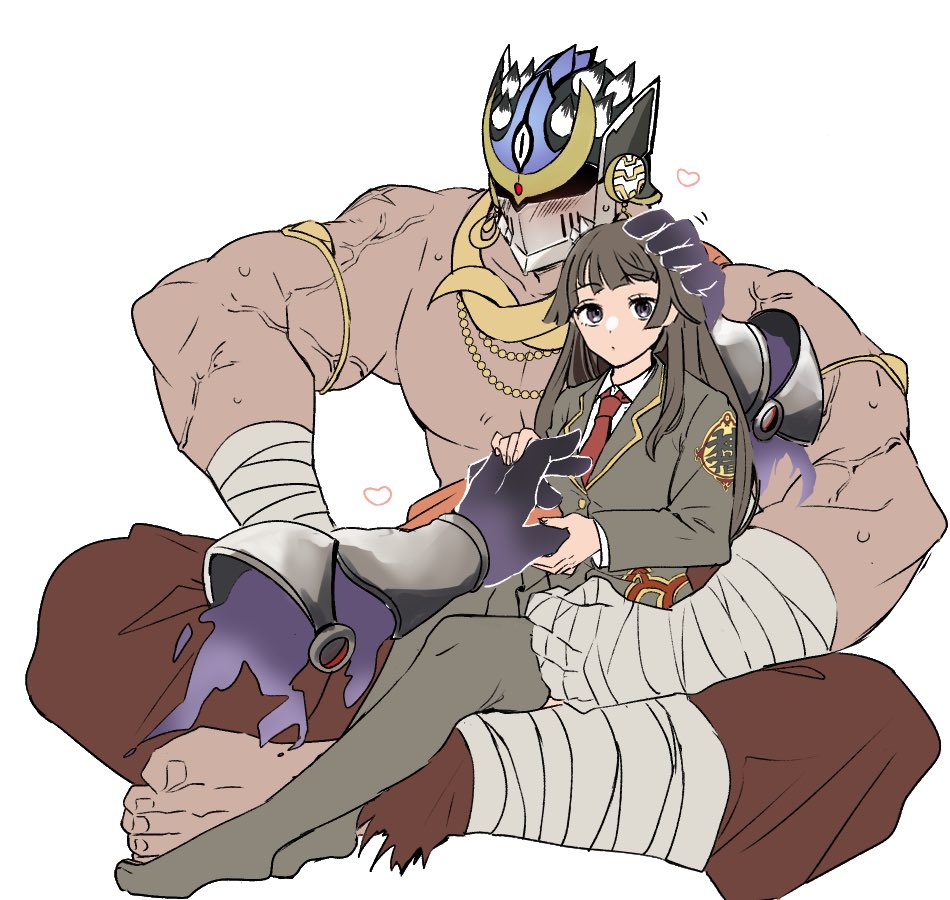 1boy, 1girl, armlet, bandaged_hand, bandages, bara, black_eyes, black_shirt