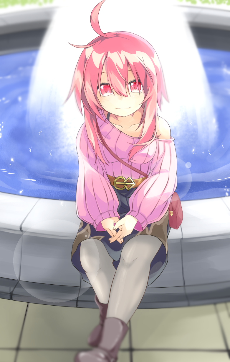 1girl, ahoge, ankle_boots, bag, belt, black_pantyhose, black_skirt, boots, brown_boots, closed_mouth, collarbone, commentary, fountain, foxxre, fudou_yukimitsu_(tenka_hyakken), highres, long_sleeves, looking_at_viewer, loose_clothes, own_hands_together, pantyhose, pink_eyes, pink_hair, pink_sweater, shoulder_bag, sitting, skirt, smile, solo, sweater, tenka_hyakken, tile_floor, tiles, water