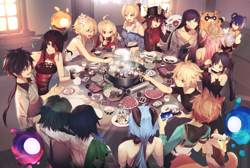 5boys, 6+girls, aether_(genshin_impact), ahoge, alternate_costume, animal_ears, beef, beidou_(genshin_impact), black_shirt, blonde_hair, blue_eyes, blue_hair, boo_tao_(genshin_impact), bowl, breasts, brown_hair, chinese_clothes, chopsticks, cleavage, closed_mouth, collarbone, cup, day, dog, dog_boy, dog_ears, dress, drinking, eating, enoki_mushroom, erotipop, flower, food, ganyu_(genshin_impact), genshin_impact, goat_horns, gorou_(genshin_impact), green_hair, guoba_(genshin_impact), hair_flower, hair_ornament, hair_over_one_eye, highres, holding, holding_bowl, holding_chopsticks, holding_spoon, horns, hotpot, hu_tao_(genshin_impact), indoors, japanese_clothes, jean_(genshin_impact), kettle, kimono, klee_(genshin_impact), large_breasts, lettuce, long_hair, long_sleeves, looking_at_another, lumine_(genshin_impact), medium_hair, mona_(genshin_impact), multiple_boys, multiple_girls, mushroom, noodles, open_mouth, orange_eyes, paimon_(genshin_impact), pink_hair, ponytail, purple_eyes, purple_kimono, raiden_shogun, raw_meat, red_dress, red_eyes, restaurant, shiitake, shirt, short_hair, short_sleeves, shrimp_balls_(food), sitting, smile, smoke, spoon, taroumaru_(genshin_impact), tea, teacup, teeth, twintails, upper_teeth_only, venti_(genshin_impact), white_dress, white_flower, white_hair, white_shirt, window, xiangling_(genshin_impact), xiao_(genshin_impact), yae_miko, zhongli_(genshin_impact)