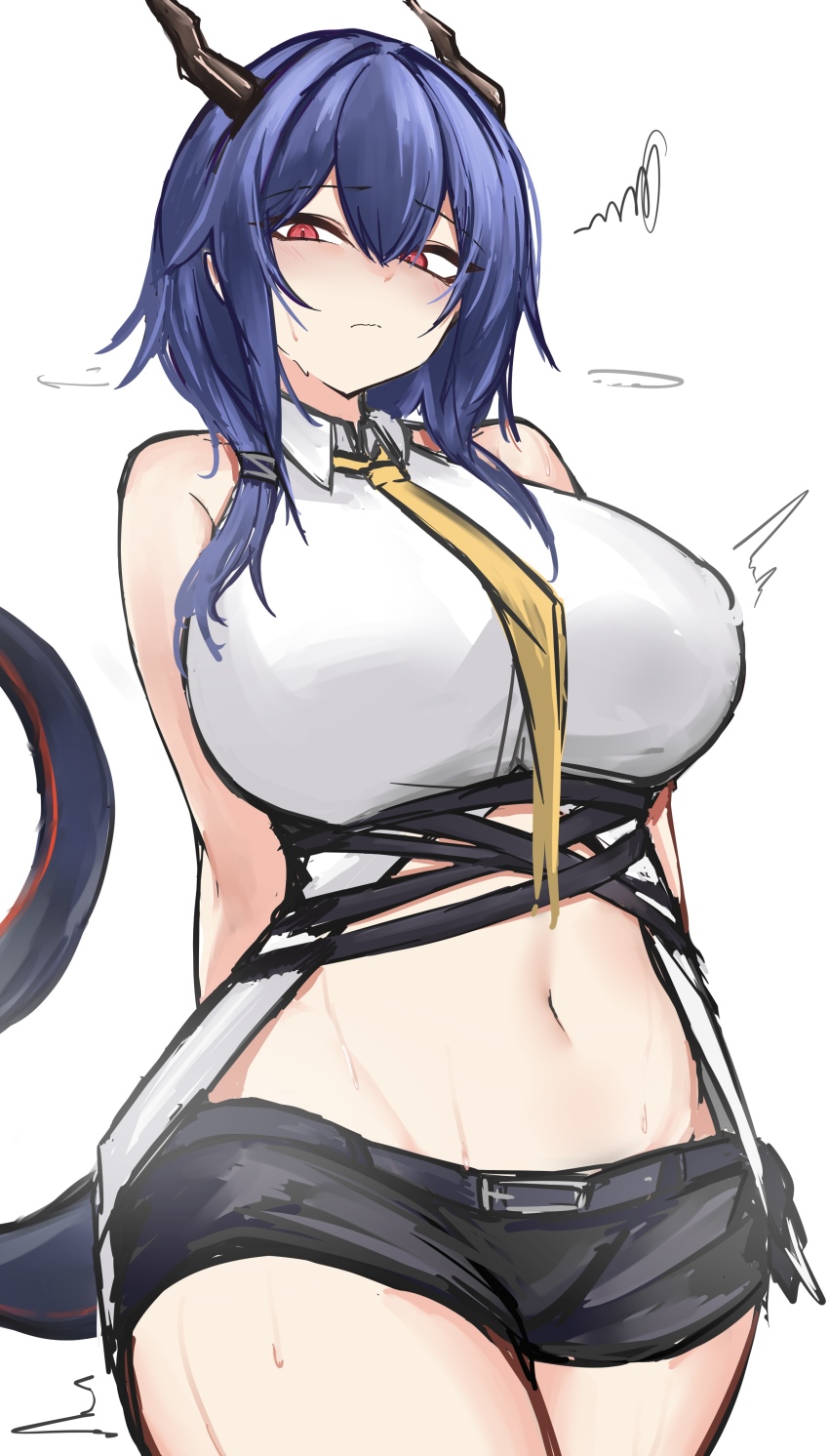 1girl, absurdres, arknights, bare_shoulders, black_shorts, blue_hair, blush, breasts