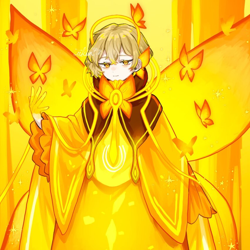 1boy, blonde_hair, bow, bowtie, butterfly_wings, capelet, closed_mouth, e.g.o_(project_moon), halo, hand_up, head_wings, highres, insect_wings, limbus_company, looking_at_viewer, orange_bow, orange_bowtie, orange_capelet, orange_wings, project_moon, sinclair_(project_moon), smile, solo, sunset_wayfarer, upi_(ukn18pkanother), upper_body, wings, yellow_eyes