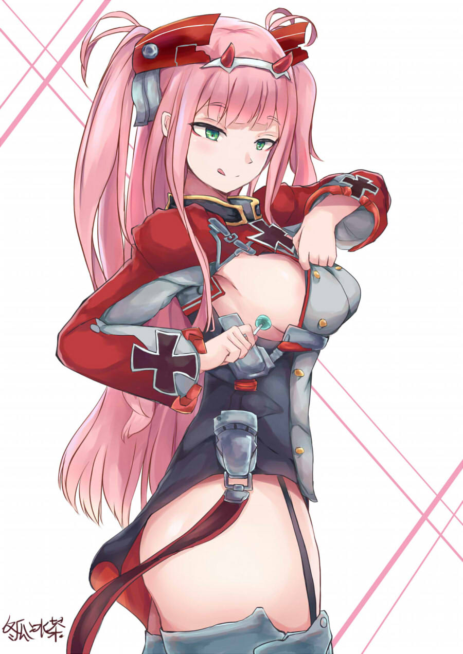 1girl, alternate_costume, alternate_hairstyle, azur_lane, breasts, candy, cosplay, darling_in_the_franxx