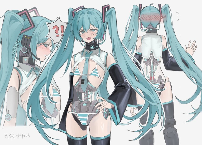 !?, 1girl, @_@, android, aqua_eyes, aqua_hair, bikini, blush, cable, detached_sleeves, hair_ornament, hatsune_miku, highres, joints, long_hair, mechabare, mechanical_legs, mechanical_spine, micro_bikini, microphone, miku_collar_bikini, multiple_views, necktie, revealing_clothes, robot_joints, see-through_clothes, sfsaltfish, simple_background, swimsuit, twintails, very_long_hair, vocaloid