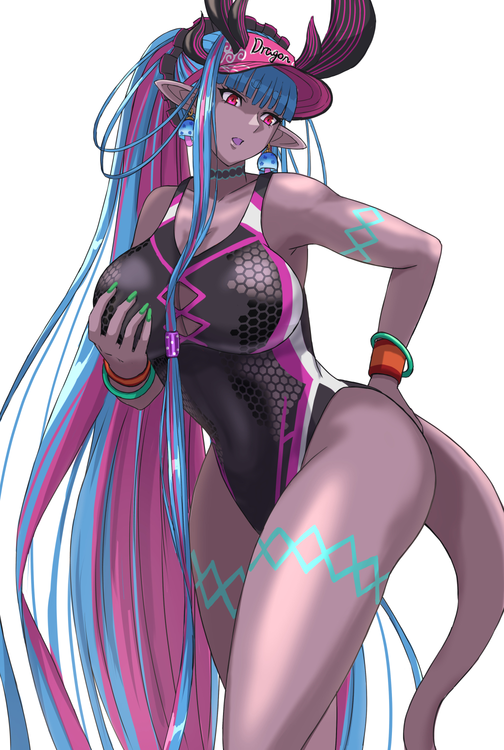 1girl, bare_shoulders, black_one-piece_swimsuit, blue_hair, body_markings, breast_cutouts, breasts, colored_skin, dark-skinned_female, dark_skin, fate/grand_order, fate_(series), grey_skin, hat, highleg, highleg_one-piece_swimsuit, highres, hip_dips, horns, ibuki_douji_(fate), ibuki_douji_(swimsuit_berserker)_(fate), ibuki_douji_(swimsuit_berserker)_(first_ascension)_(fate), ksfactory, long_hair, multicolored_hair, multiple_horns, one-piece_swimsuit, oni, pink_hair, pink_hat, pink_one-piece_swimsuit, pointy_ears, ponytail, red_eyes, sidelocks, swimsuit, tail, two-tone_swimsuit, visor_cap