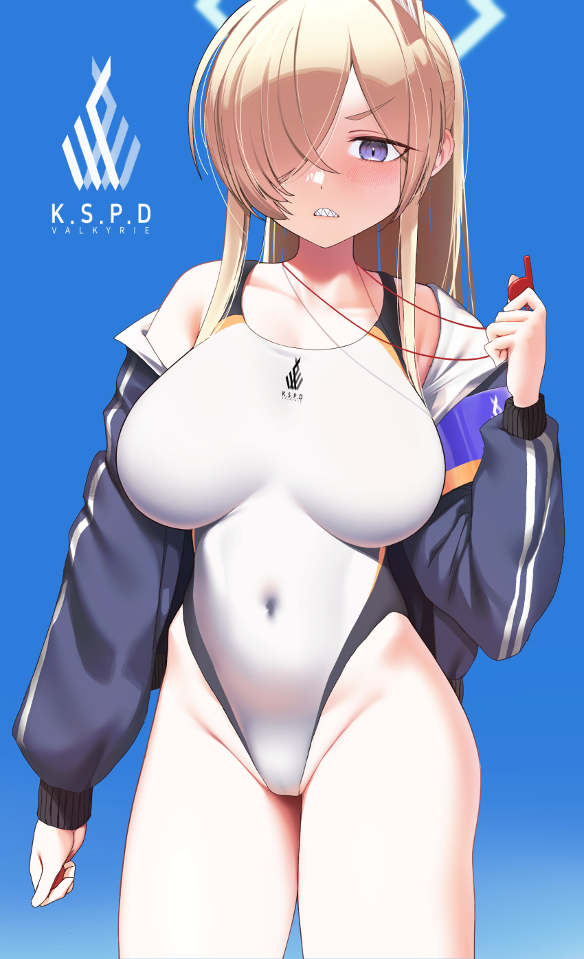 1girl, absurdres, animal_ears, black_jacket, blonde_hair, blue_archive, blue_background, blue_eyes