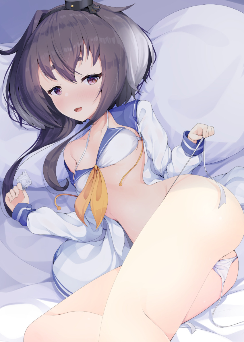1girl, bed, bikini, black_hair, blue_sailor_collar, blush, dress, feet_out_of_frame, front-tie_bikini_top, front-tie_top, gradient_hair, hat, highres, kantai_collection, lying, mini_hat, multicolored_hair, nakatsurugi_(kasegawa_makase), nose_blush, on_side, open_clothes, open_dress, pillow, sailor_bikini, sailor_collar, sailor_dress, short_hair, short_hair_with_long_locks, smokestack_hair_ornament, solo, swimsuit, tokitsukaze_(kancolle), untied_bikini, white_bikini, white_hair