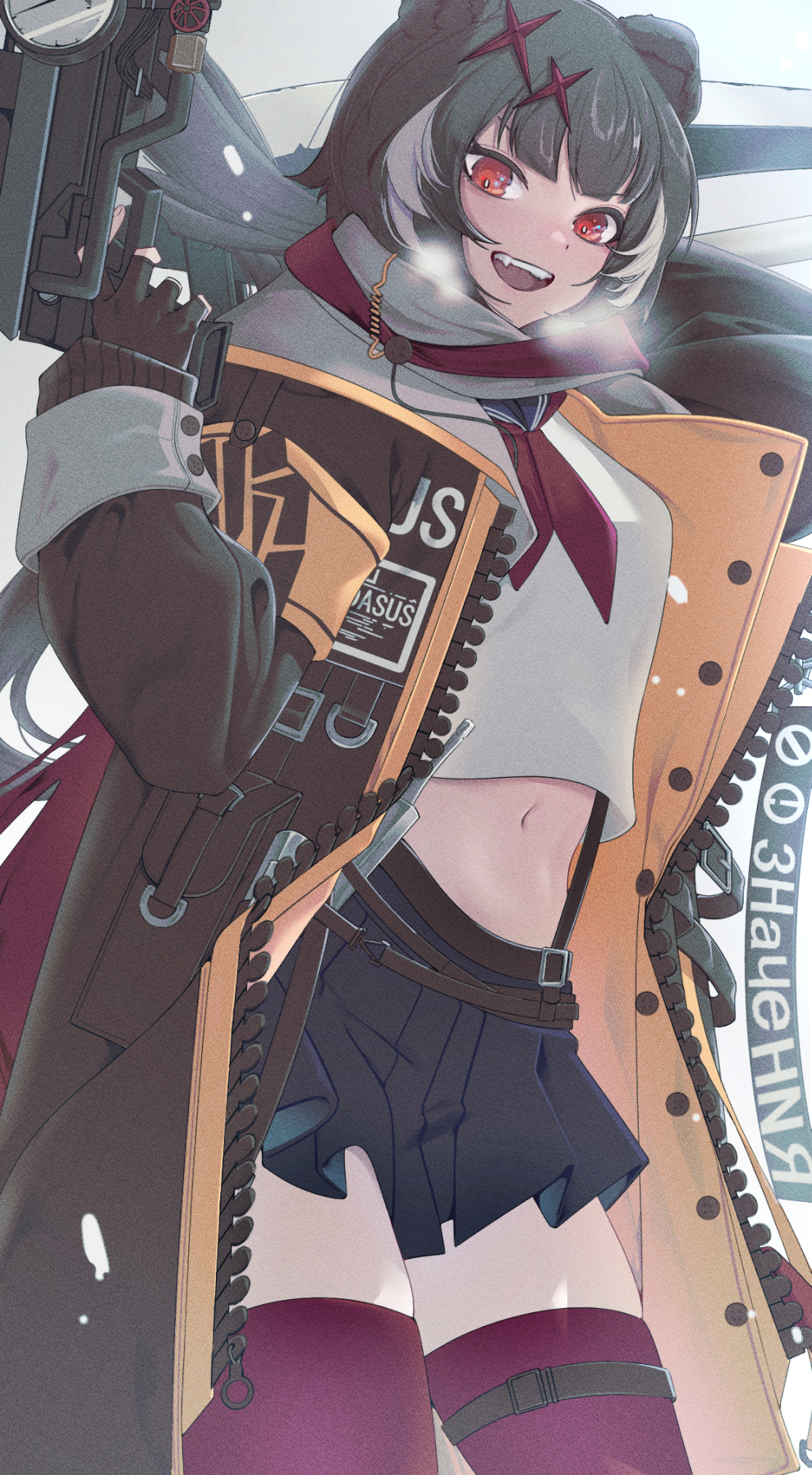 1girl, animal_ears, arknights, bear_ears, bear_girl, black_jacket, black_sailor_collar, black_skirt