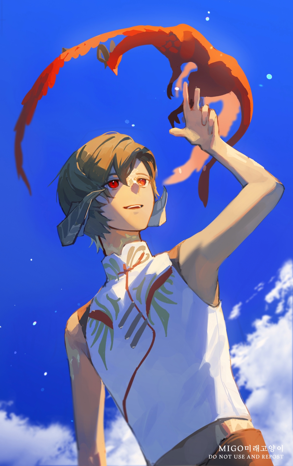 1boy, artist_name, au_ra, azdaja_(ff14), bare_arms, bare_shoulders, black_hair, blue_sky