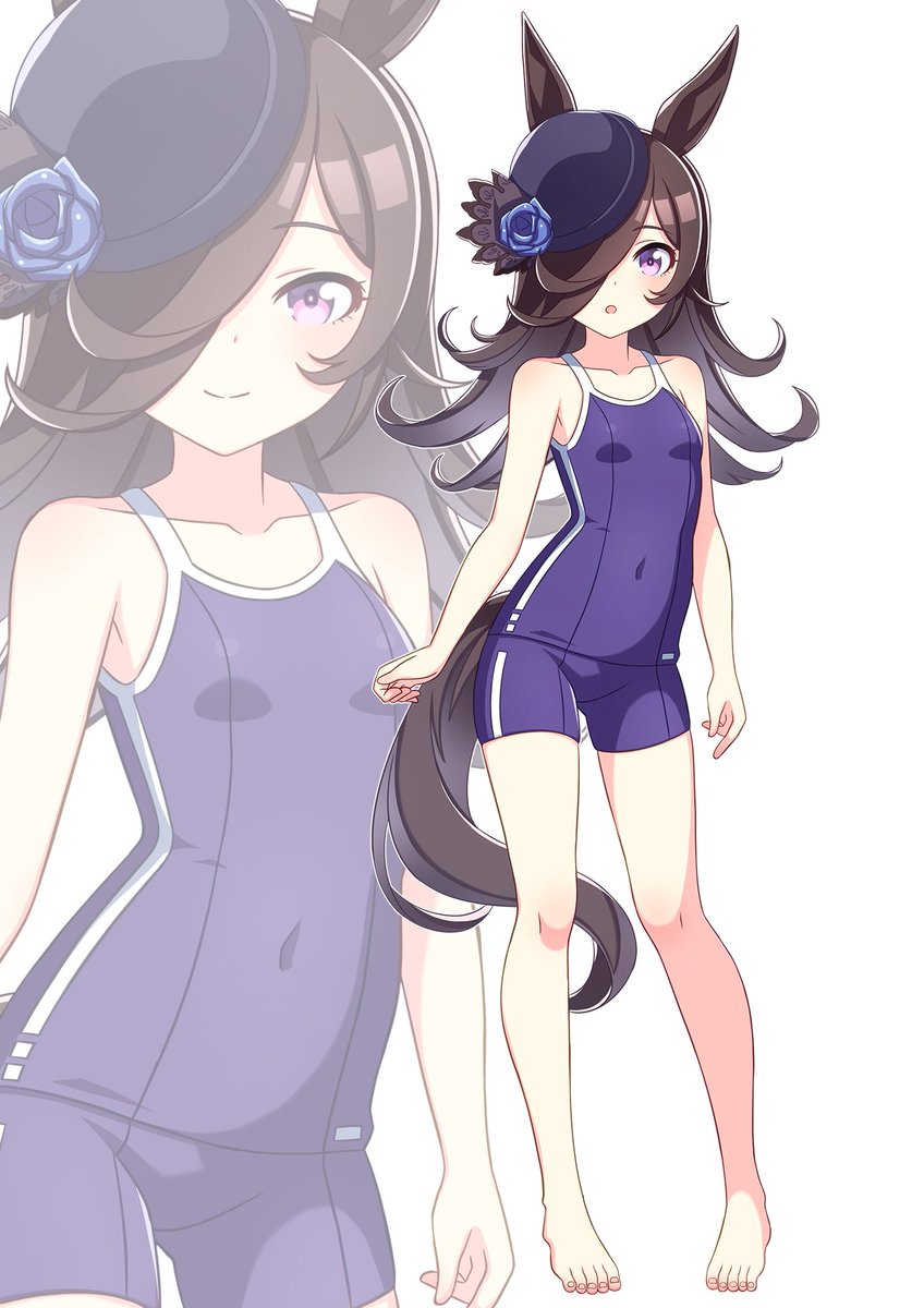 1girl, animal_ears, barefoot, black_hair, blue_flower, blue_one-piece_swimsuit, blue_rose, breasts