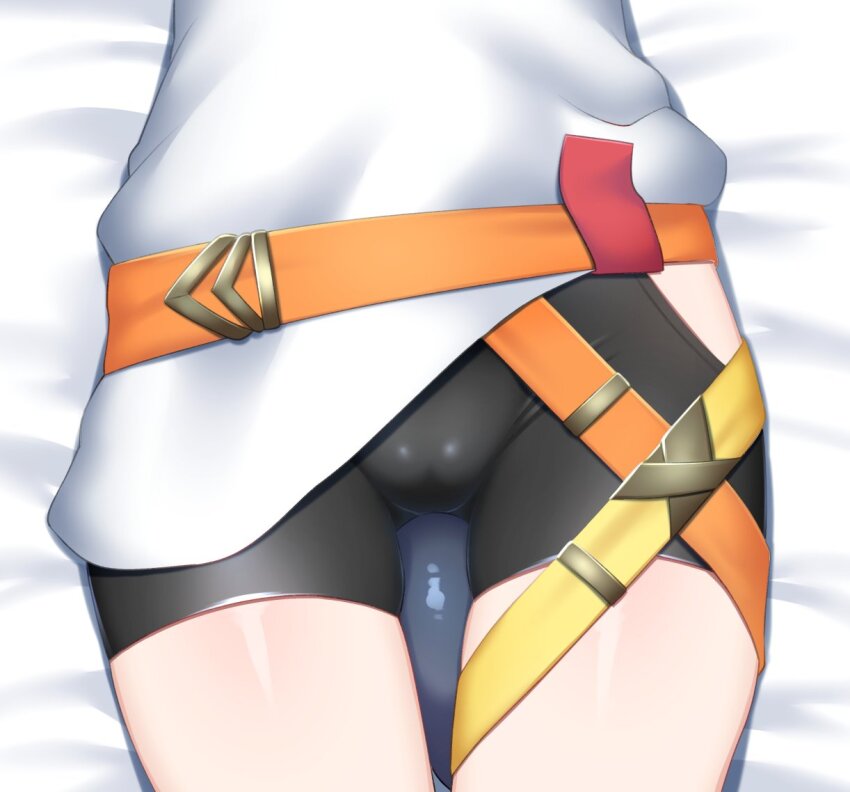 1girl, bed, belt, bike_shorts, black_shorts, cameltoe, crotch_focus, gigi_murin