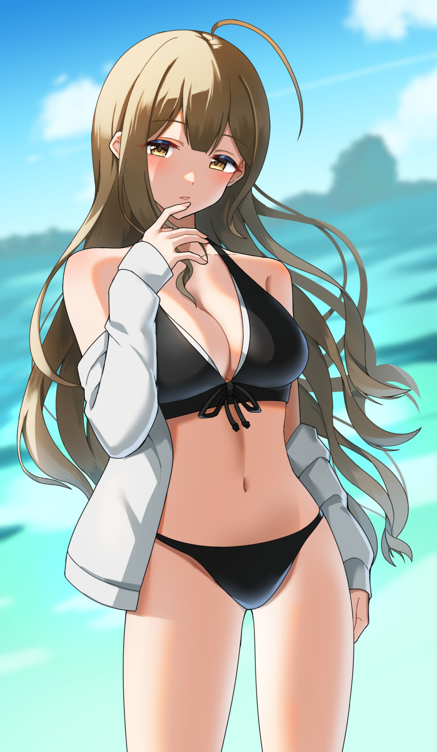 1girl, absurdres, ahoge, bikini, black_bikini, blush, breasts, brown_hair