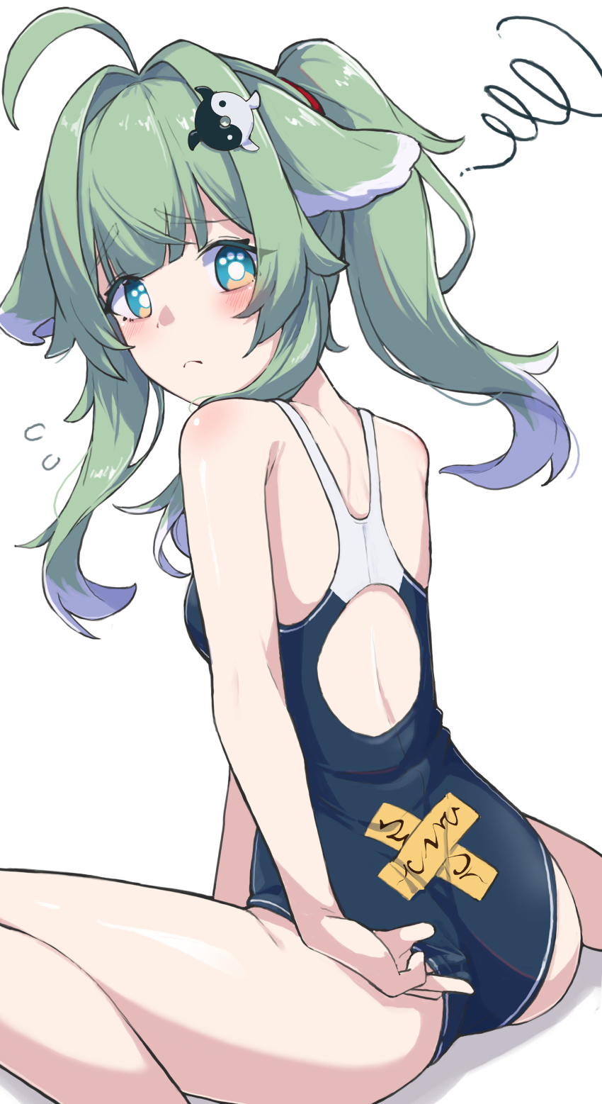 1girl, absurdres, adjusting_clothes, adjusting_swimsuit, ahoge, animal_ears, aqua_eyes, ass, back, back_cutout, bare_shoulders, blush, breasts, clothing_cutout, commentary_request, competition_swimsuit, flying_sweatdrops, fox_ears, from_behind, frown, furrowed_brow, green_hair, highres, honkai:_star_rail, honkai_(series), huohuo_(honkai:_star_rail), long_hair, looking_at_viewer, nemu7777, one-piece_swimsuit, paw-shaped_pupils, school_swimsuit, side_ponytail, small_breasts, solo, swimsuit, symbol-shaped_pupils, thighs, yin_yang_hair_ornament