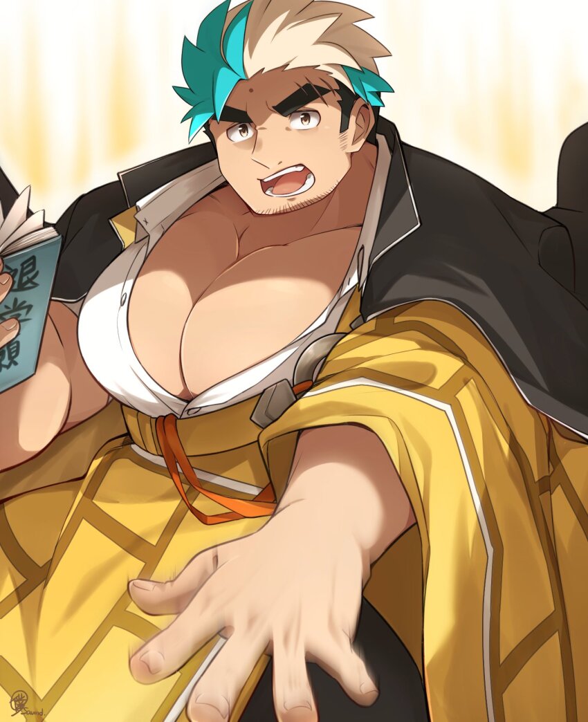 1boy, aqua_hair, bara, book, collared_shirt, cowboy_shot, eyebrow_cut, facial_hair
