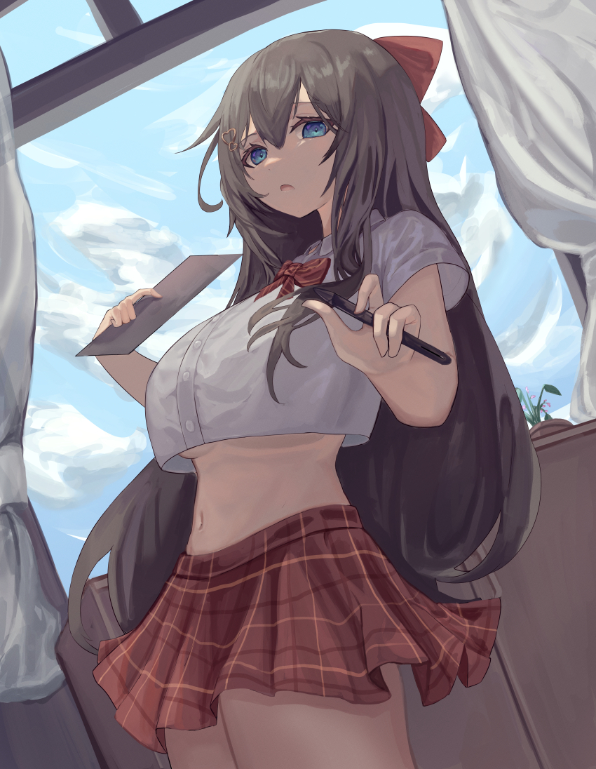 1girl, absurdres, black_hair, blue_eyes, bow, bowtie, breasts, buttons