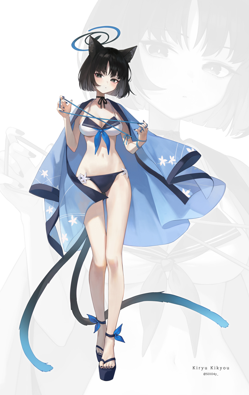 1girl, alternate_costume, bikini, black_eyes, black_hair, black_nails, black_ribbon, blue_archive